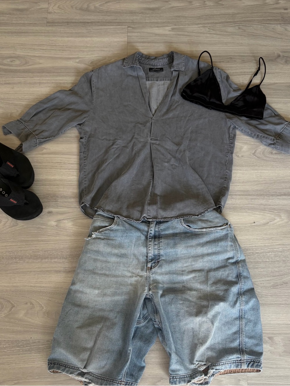 Zara Washed Gray Women's Half-Sleeve Button-Down Shirt